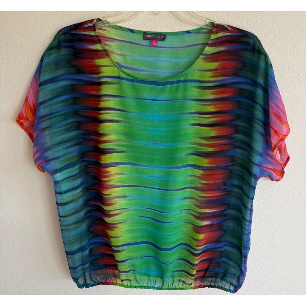 Vince Camuto Women's Tie Dye Rainbow Green Sheer Scoop Neck Top Size S